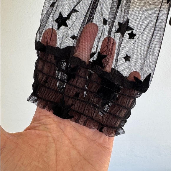 New York & Company black high neck sheer mesh star sleeve top size small - Picture 7 of 16